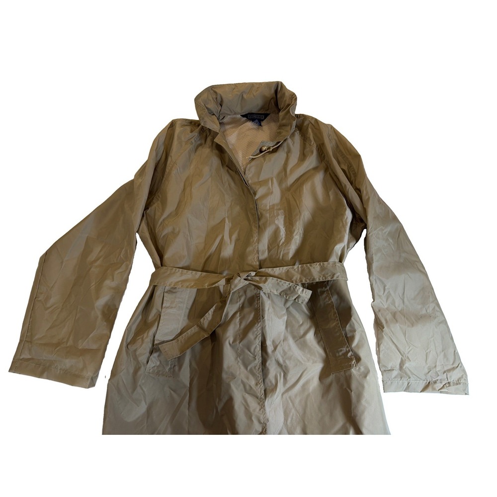 Vintage Lands' End Women's L 14-16 Long Raincoat Trench Coat Khaki Belted Nylon